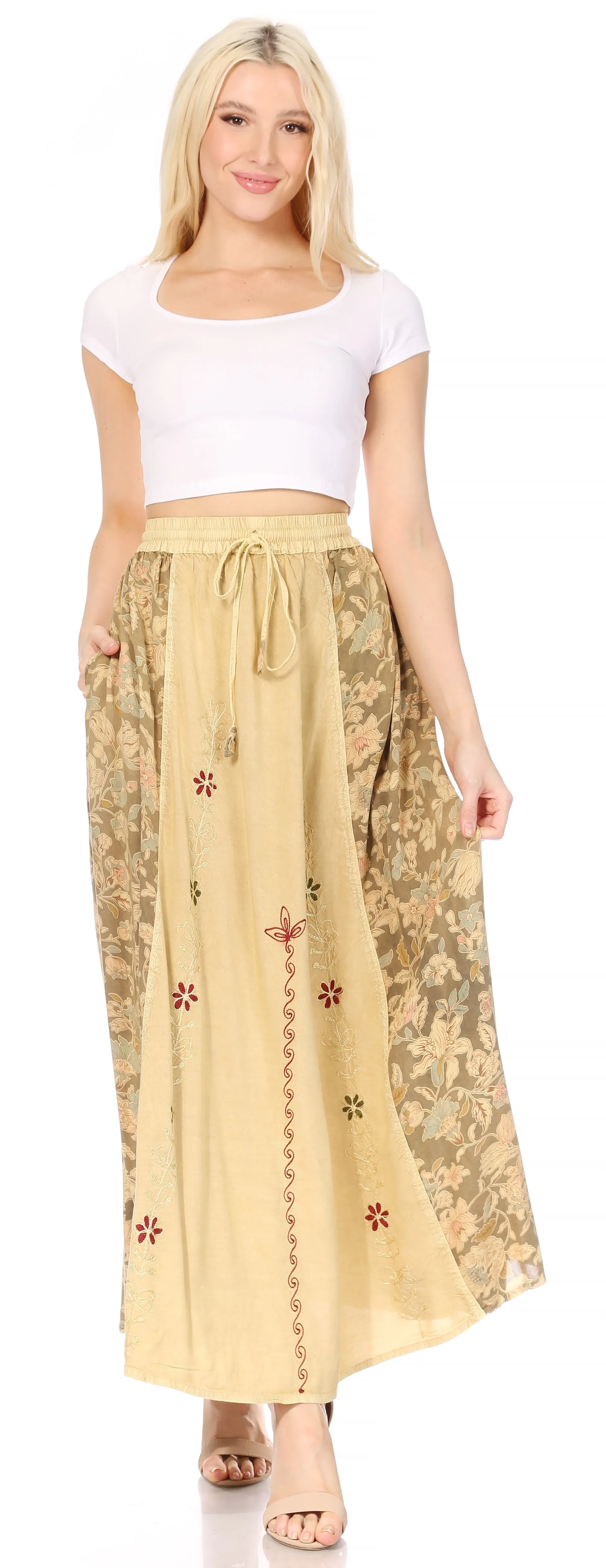 Sakkas Maran Women's Boho Embroidery Skirt with Lace Elastic Waist and Pockets