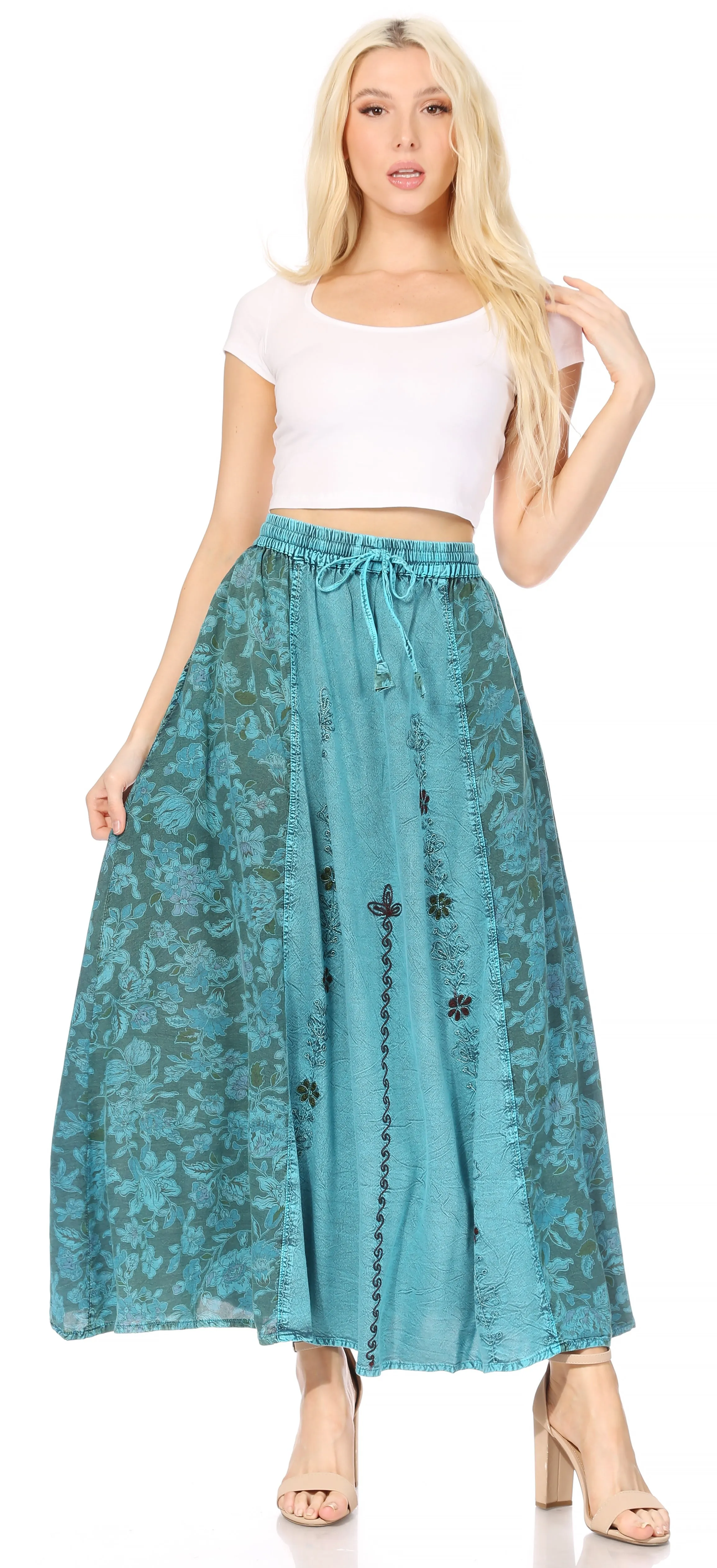 Sakkas Maran Women's Boho Embroidery Skirt with Lace Elastic Waist and Pockets