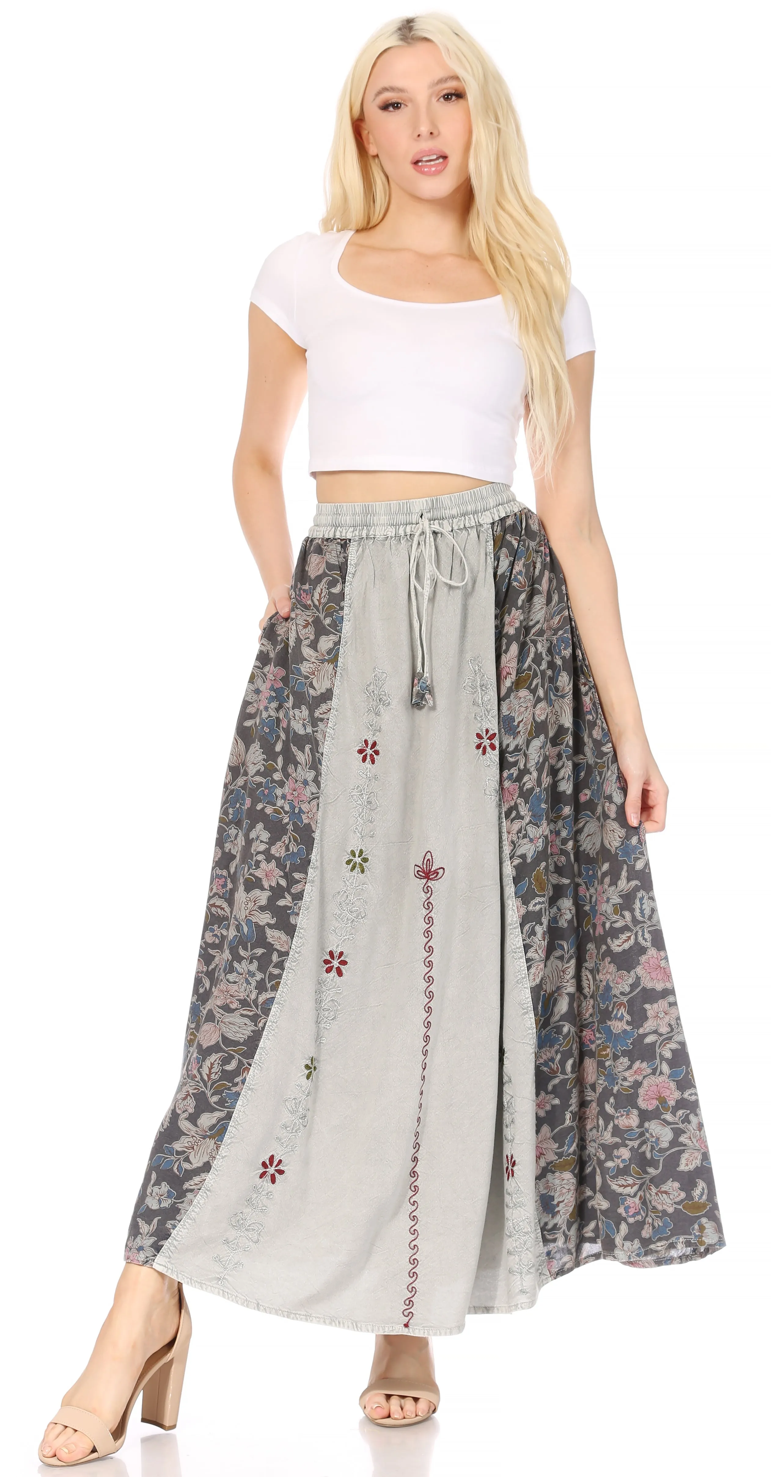 Sakkas Maran Women's Boho Embroidery Skirt with Lace Elastic Waist and Pockets