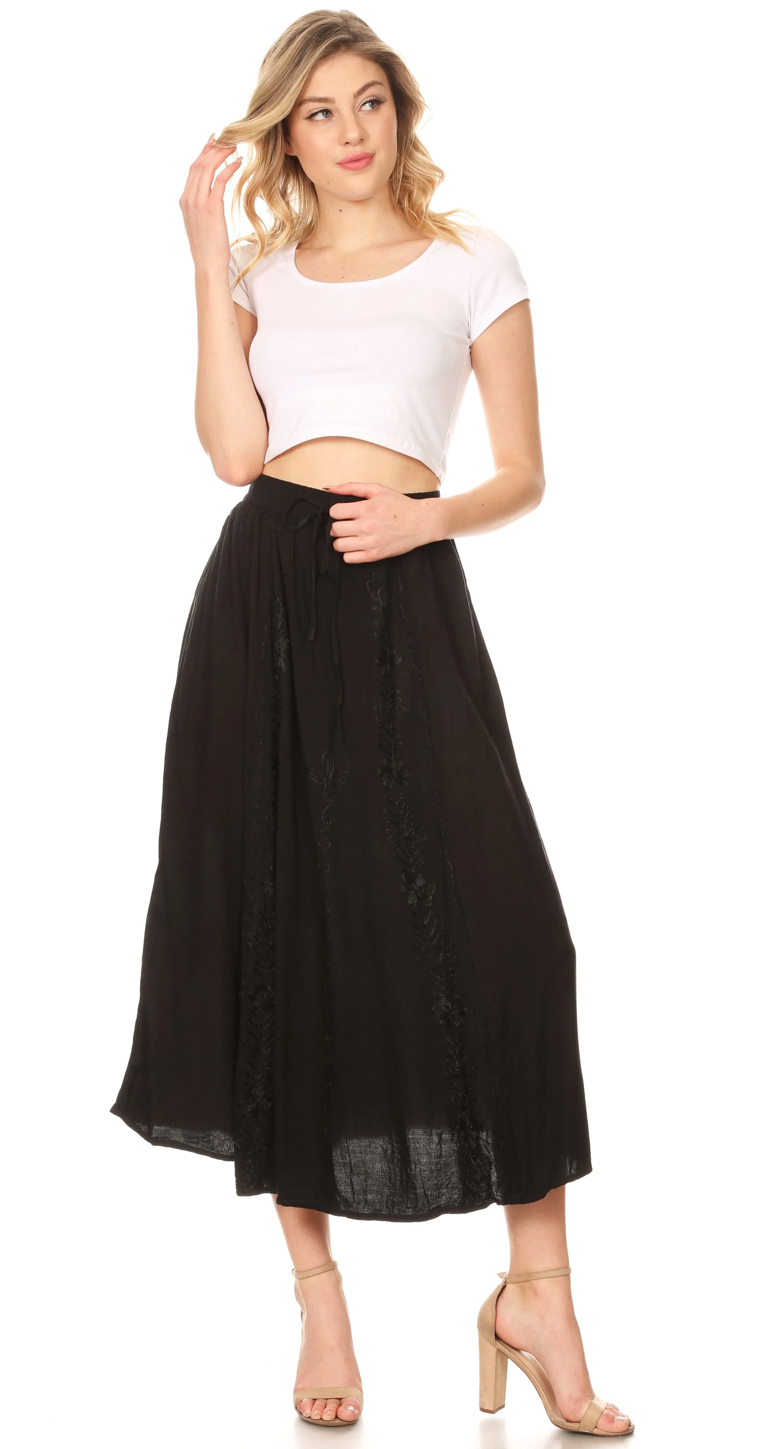 Sakkas Maran Women's Boho Embroidery Skirt with Lace Elastic Waist and Pockets