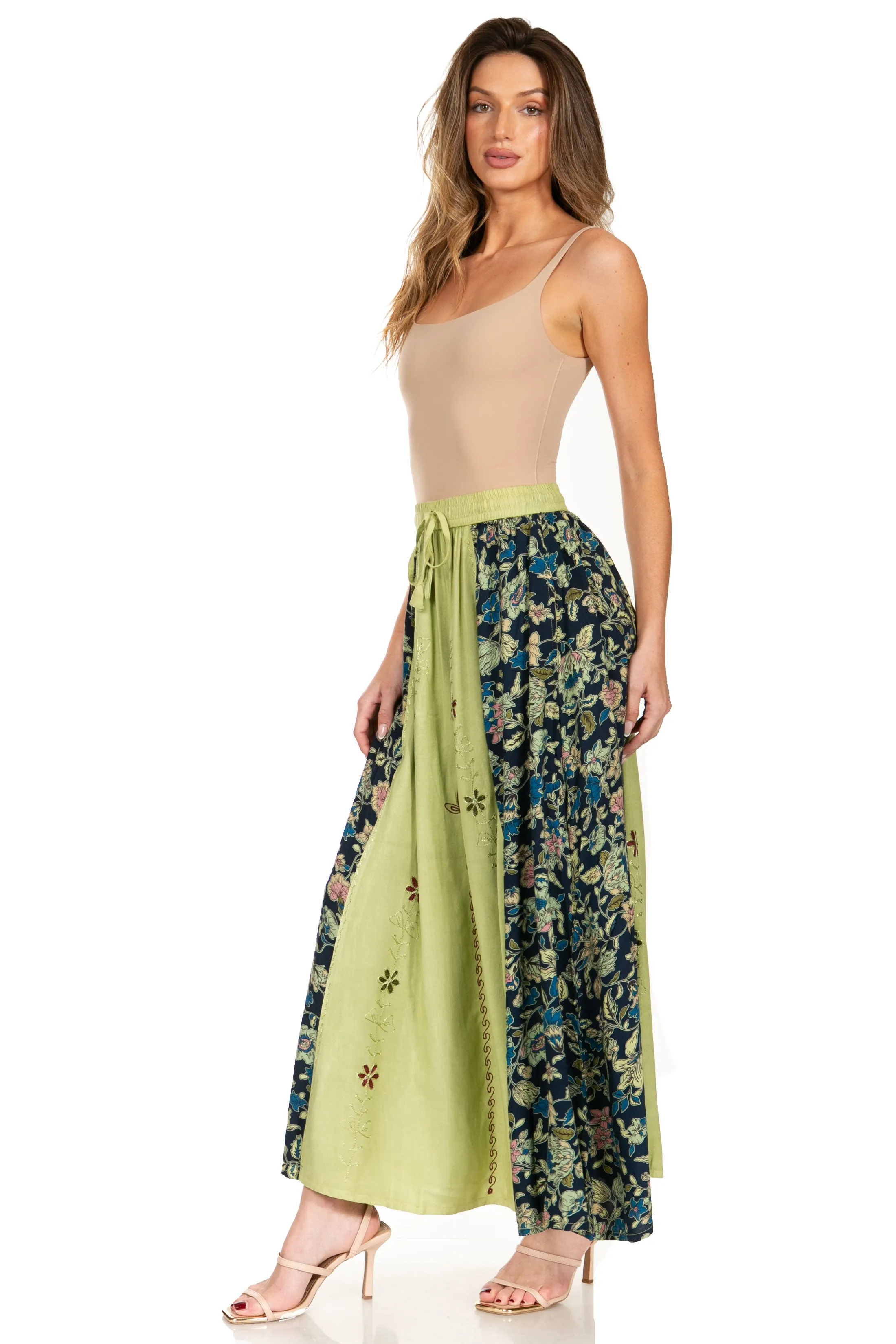 Sakkas Maran Women's Boho Embroidery Skirt with Lace Elastic Waist and Pockets