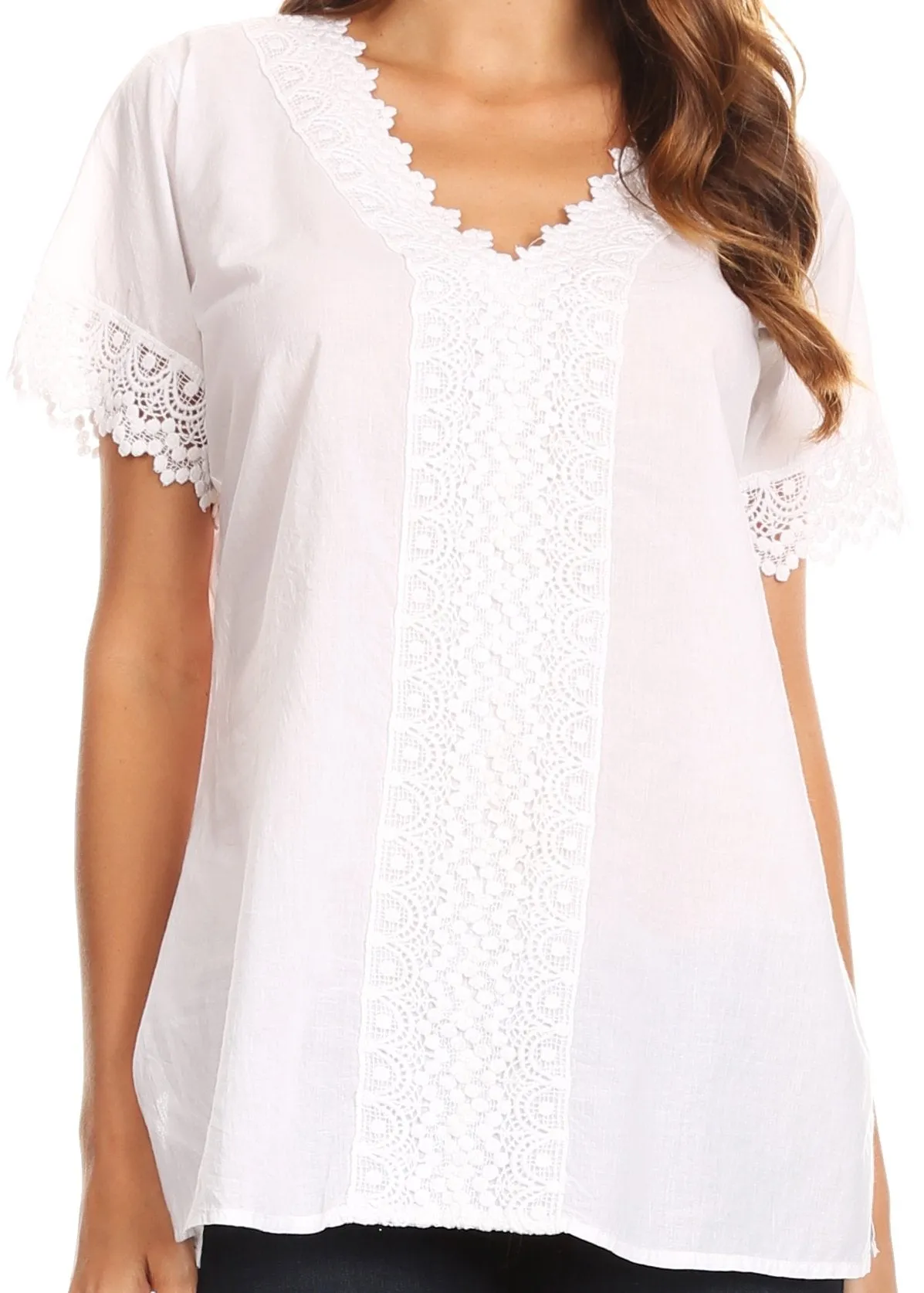 Sakkas Marisa Short Sleeve V-Neck Slim Fit Woven Cotton Blouse with Crochet Trim