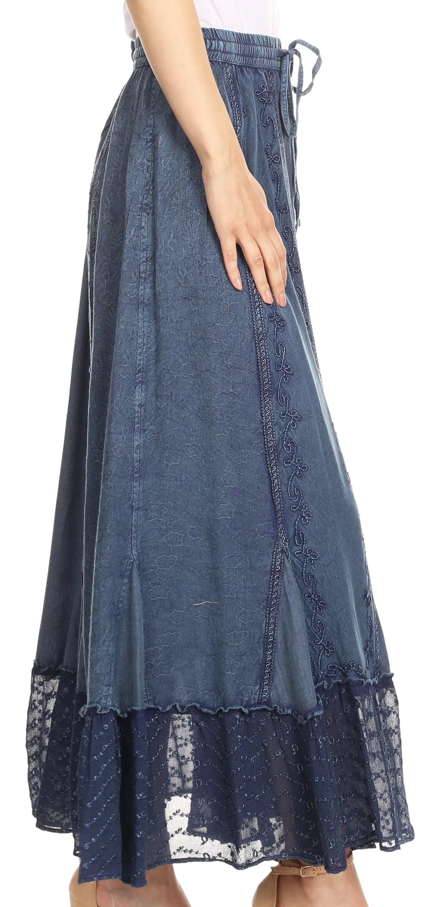 Sakkas Monica Womens Gypsy Bohemian Long Maxi Skirt with Elastic Waist and Lace