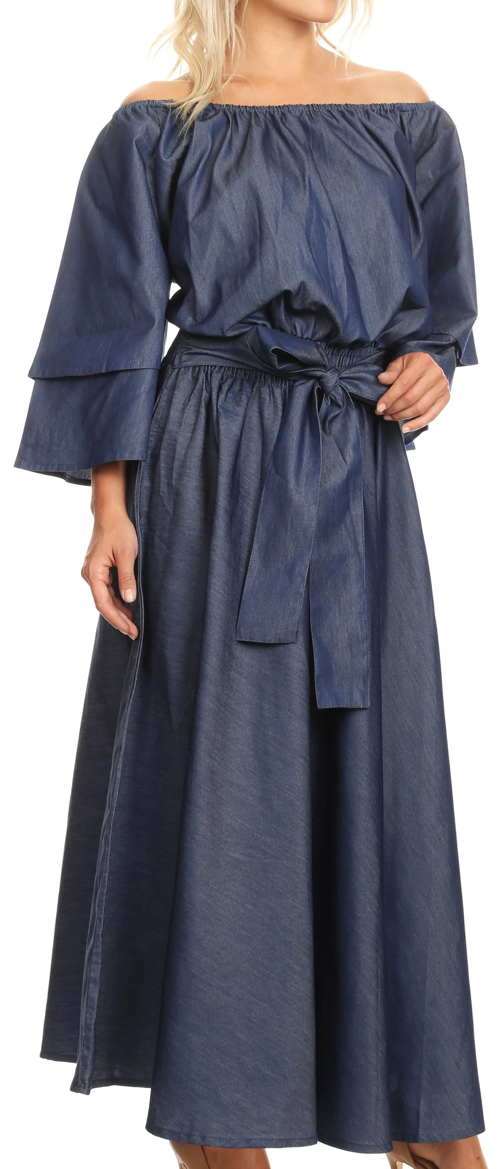 Sakkas Nohea Womens Chambray Flowy Maxi Peasant Boho Dress Flare with Pockets