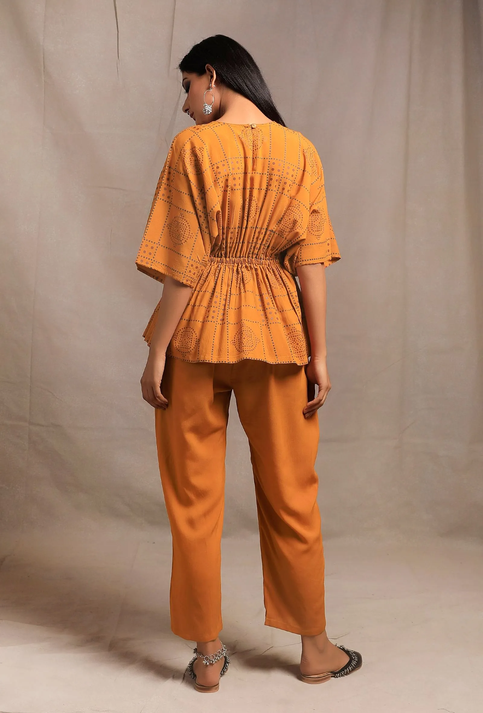 Set of 2: Mustard Yellow Gathered Kaftan Short Tunic with Mustard Yellow Cotton Pants