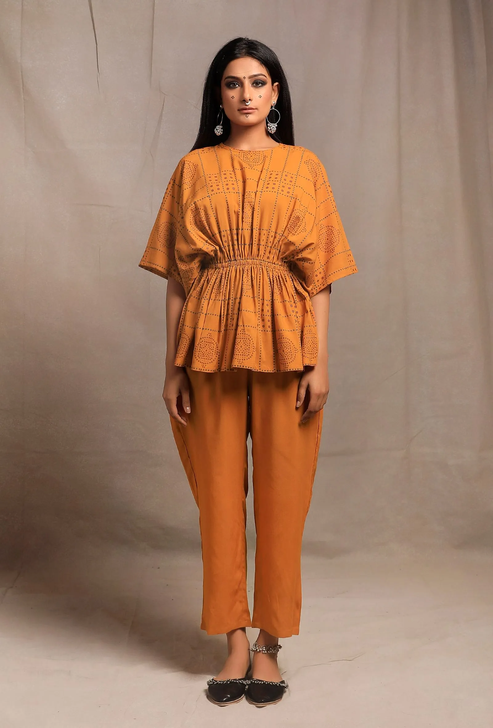 Set of 2: Mustard Yellow Gathered Kaftan Short Tunic with Mustard Yellow Cotton Pants