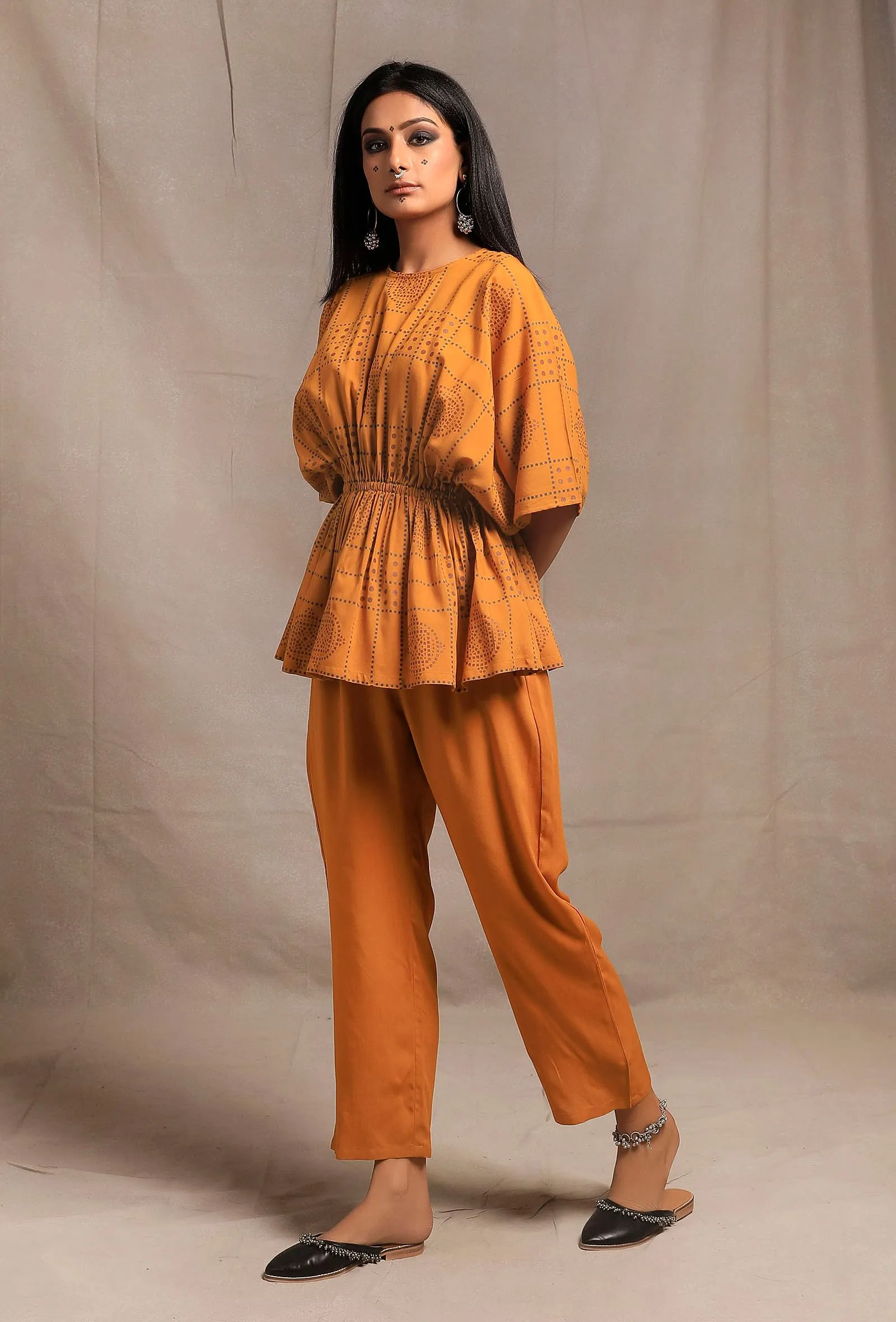 Set of 2: Mustard Yellow Gathered Kaftan Short Tunic with Mustard Yellow Cotton Pants