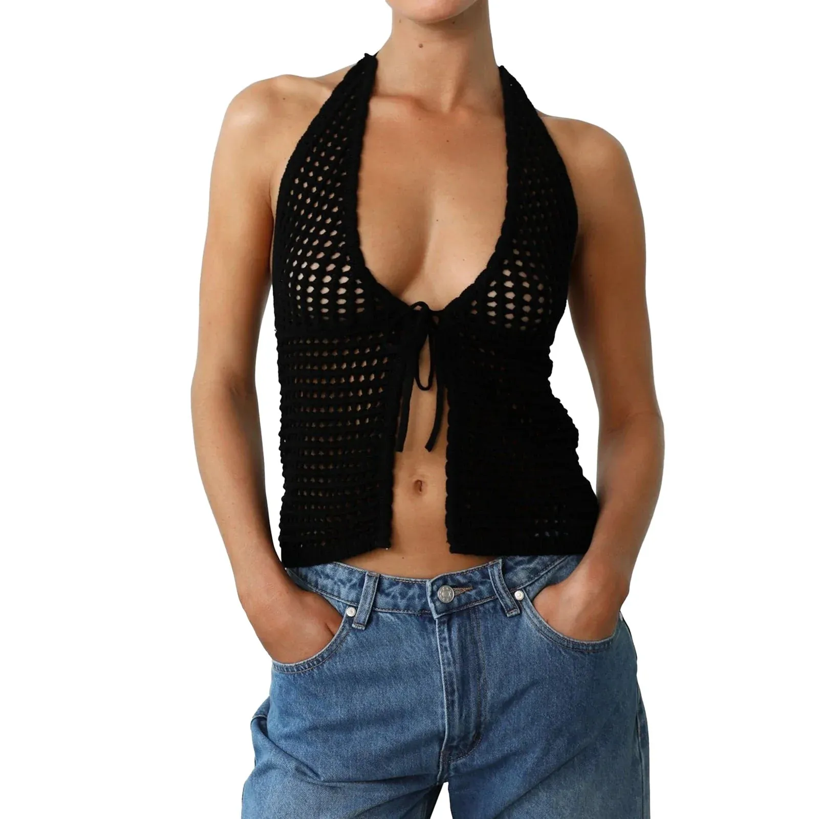 Sexy Hollow Out Knitted Vest Backless Sleeveless Halter Crop Tops Tie-up Tank Women Top