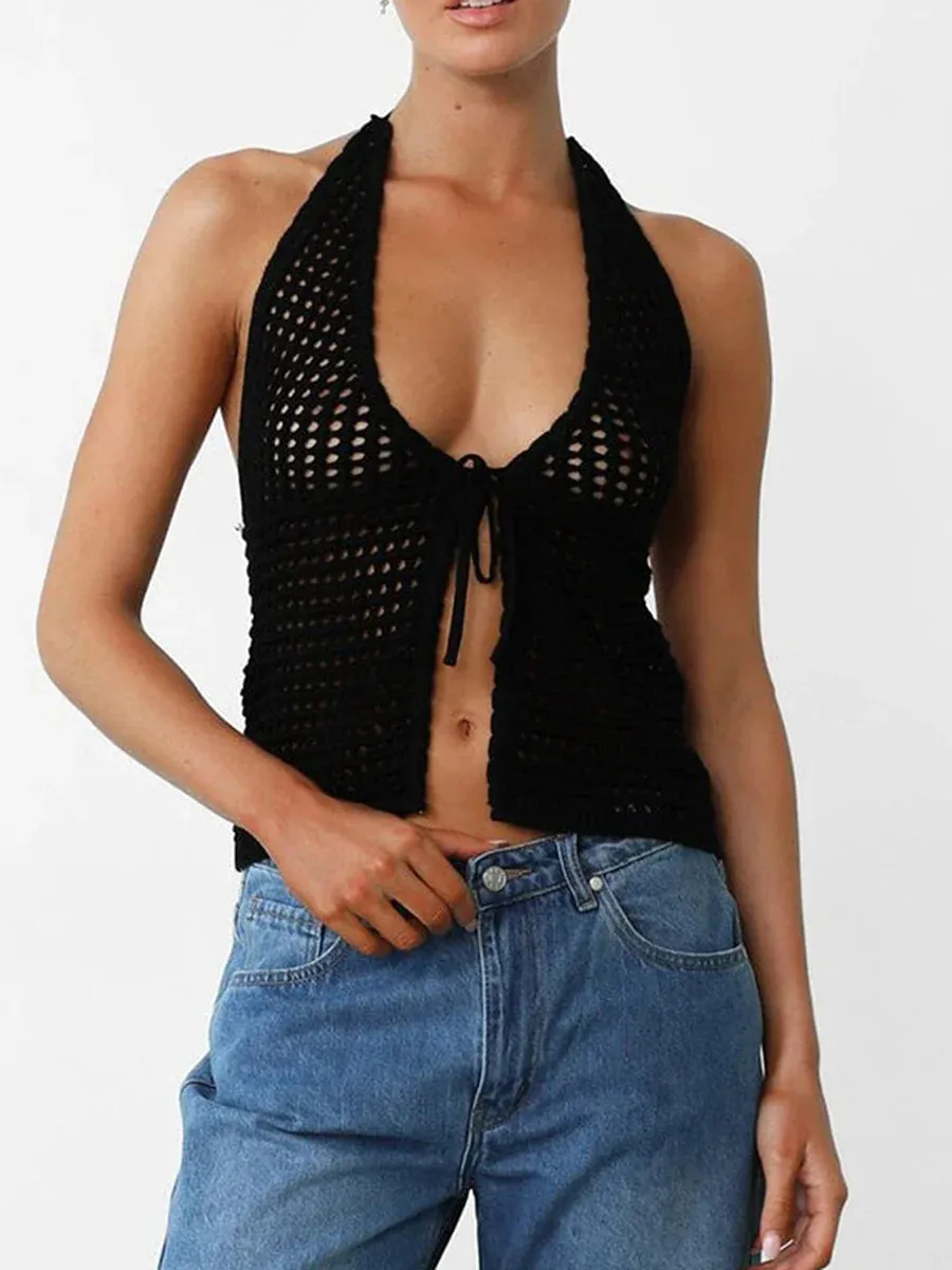 Sexy Hollow Out Knitted Vest Backless Sleeveless Halter Crop Tops Tie-up Tank Women Top