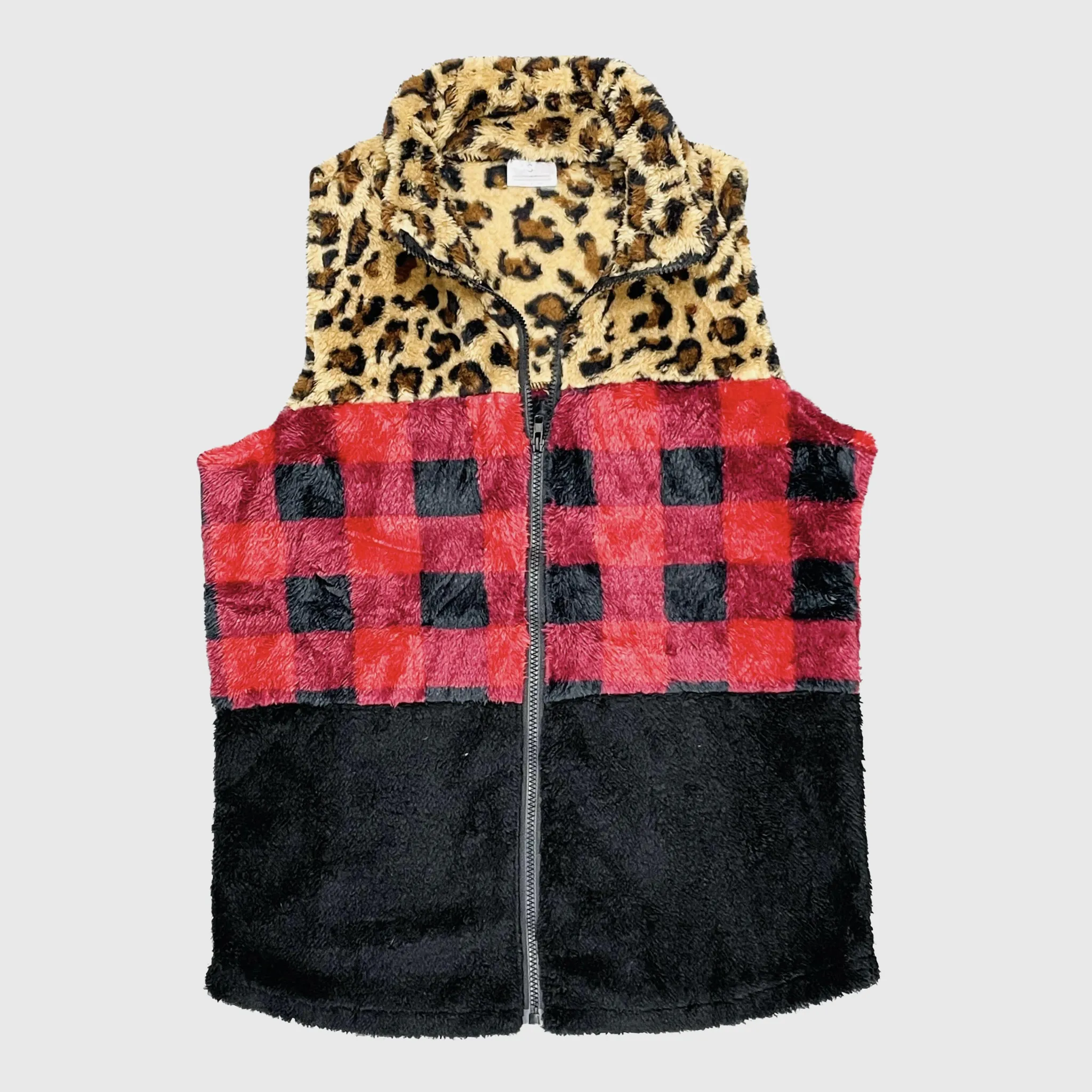 Sherpa Color Block Plaid Cheetah Vest Women