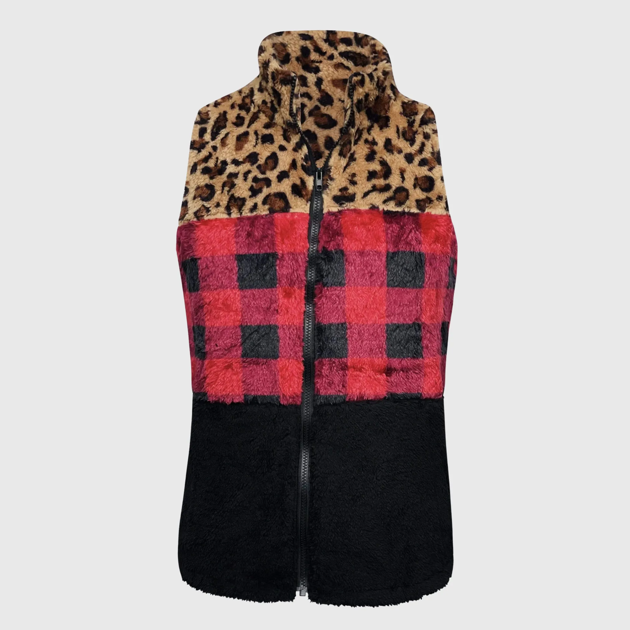 Sherpa Color Block Plaid Cheetah Vest Women