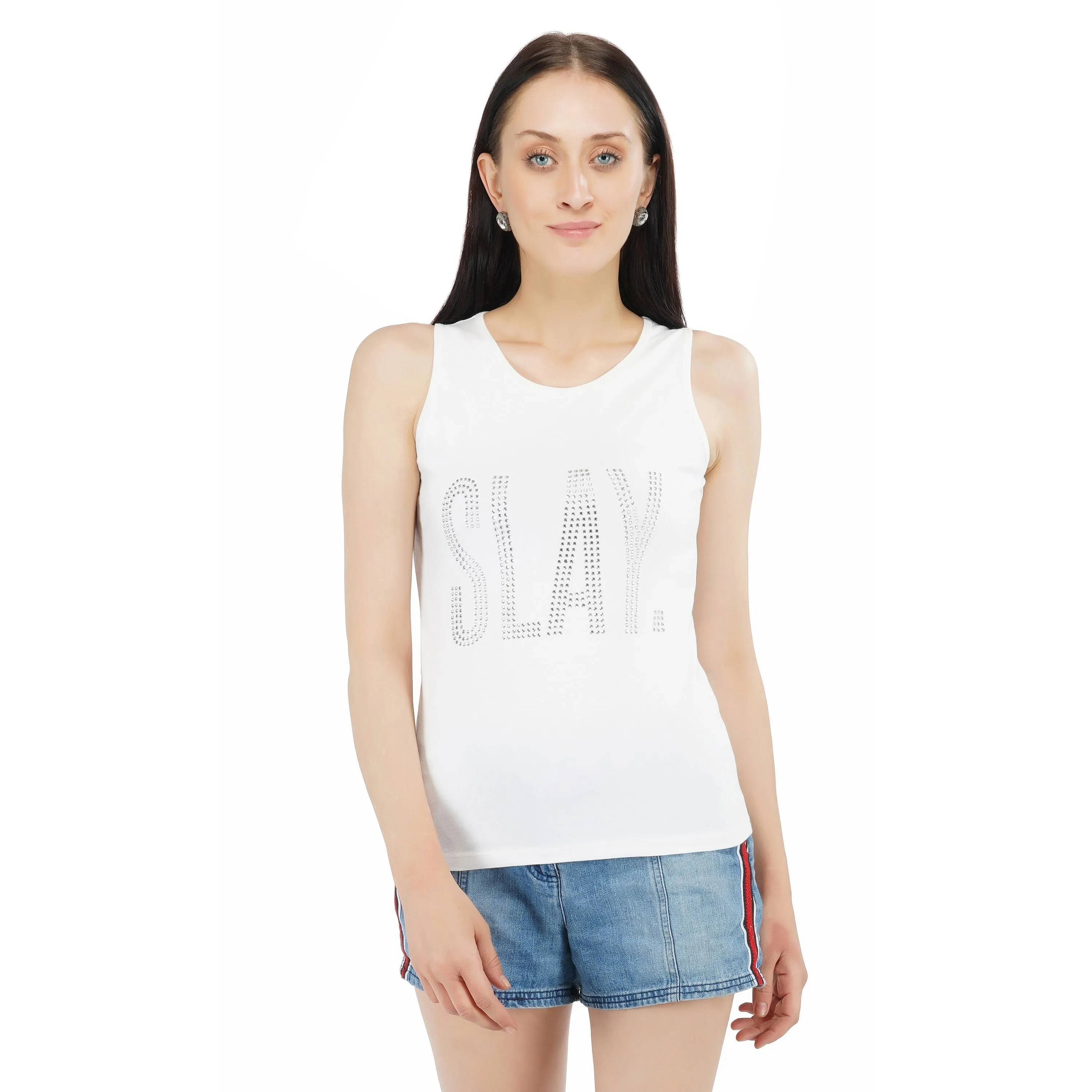 SLAY. Women's Silver Crystal Embellished Tank Top