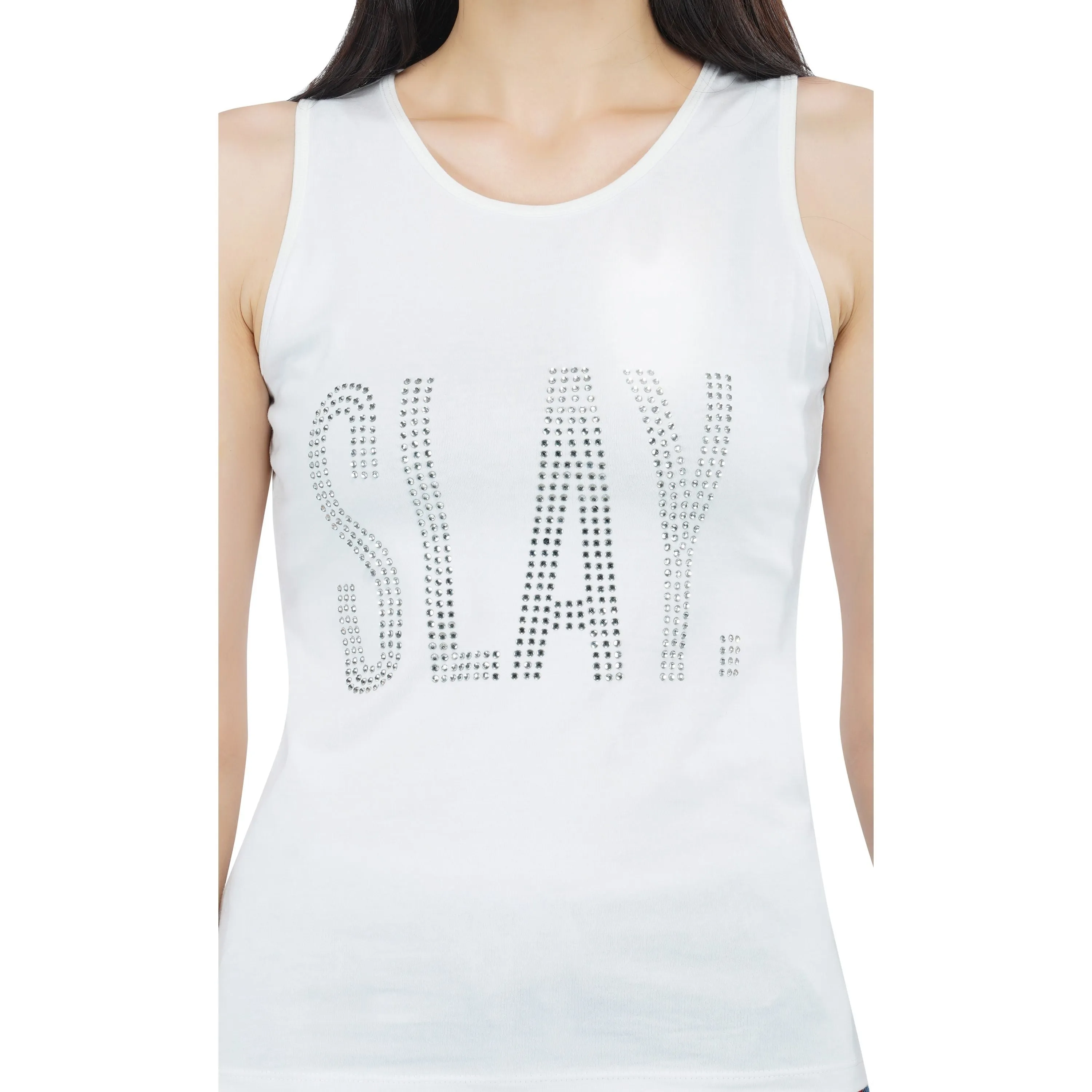 SLAY. Women's Silver Crystal Embellished Tank Top