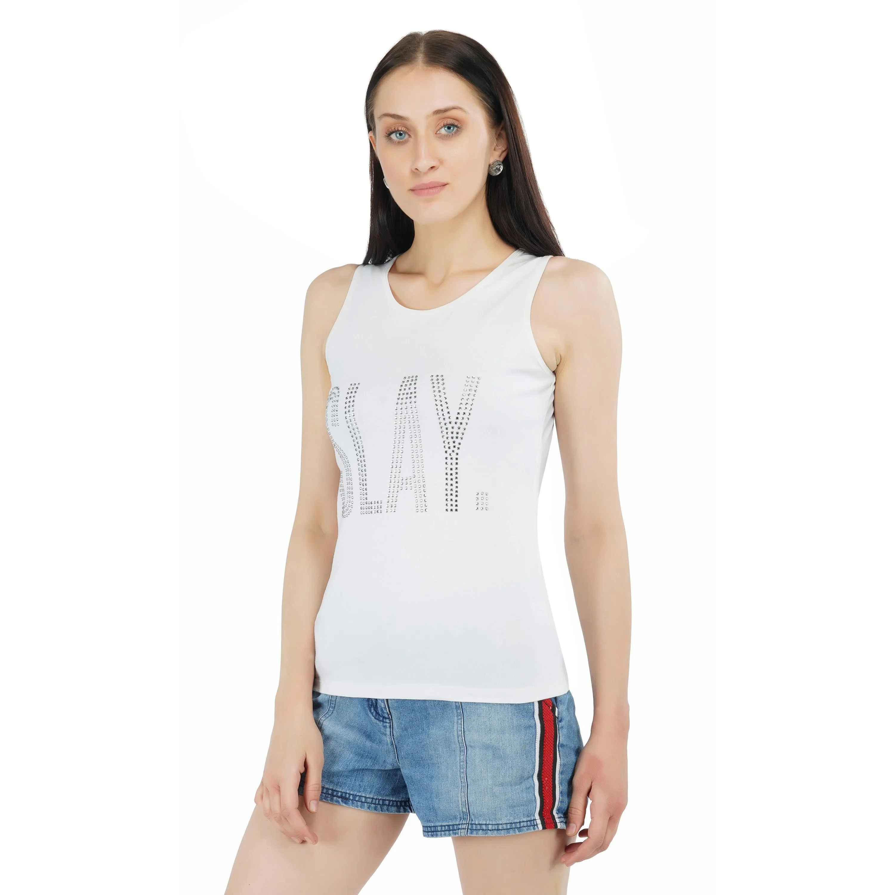 SLAY. Women's Silver Crystal Embellished Tank Top