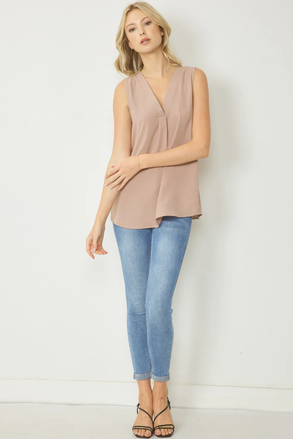 Sleeveless V-Neck Top, Latte