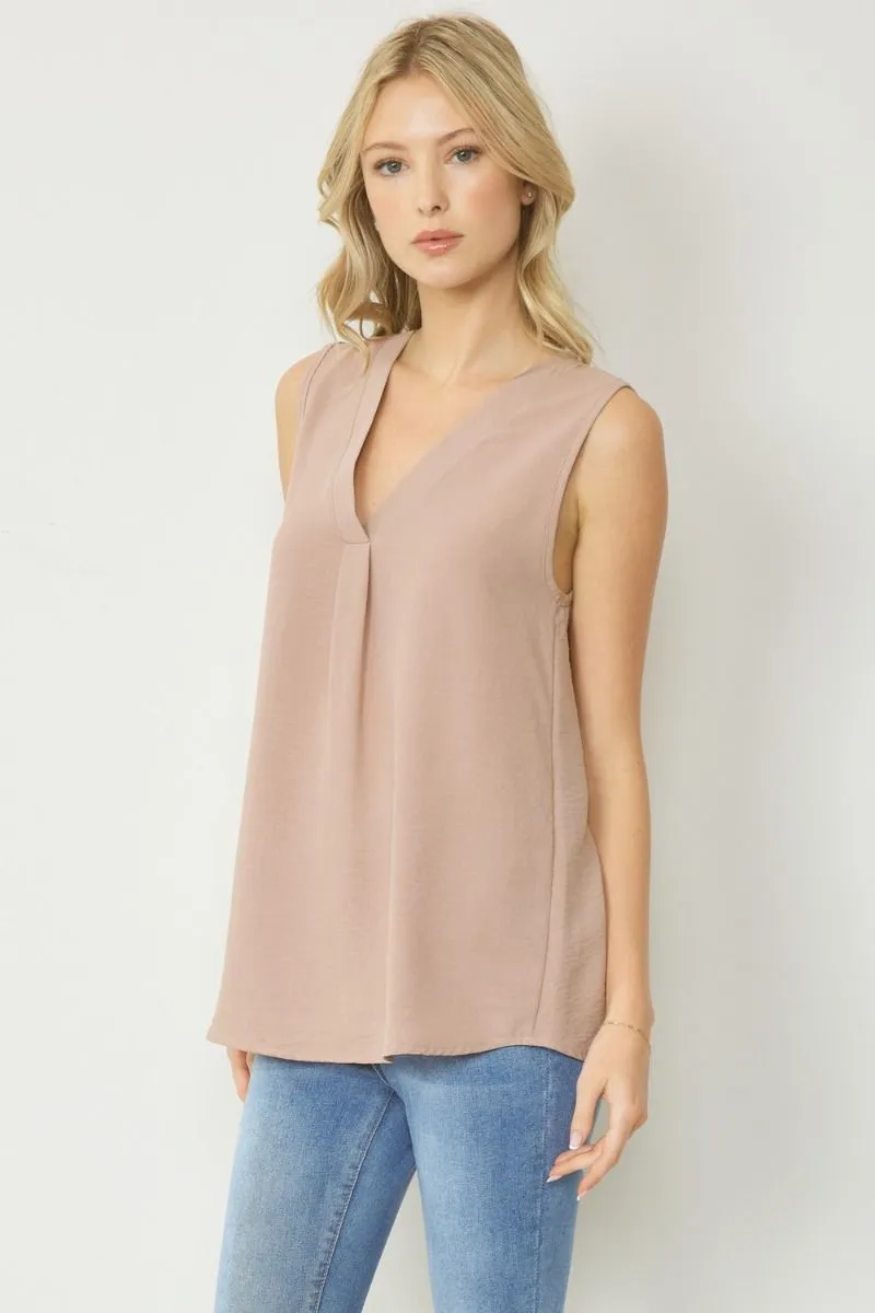 Sleeveless V-Neck Top, Latte