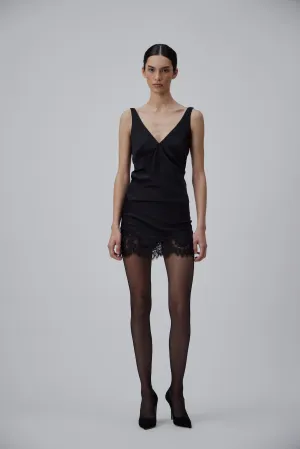 SLIP MINI DRESS WITH LACE IN GLOSSY BLACK