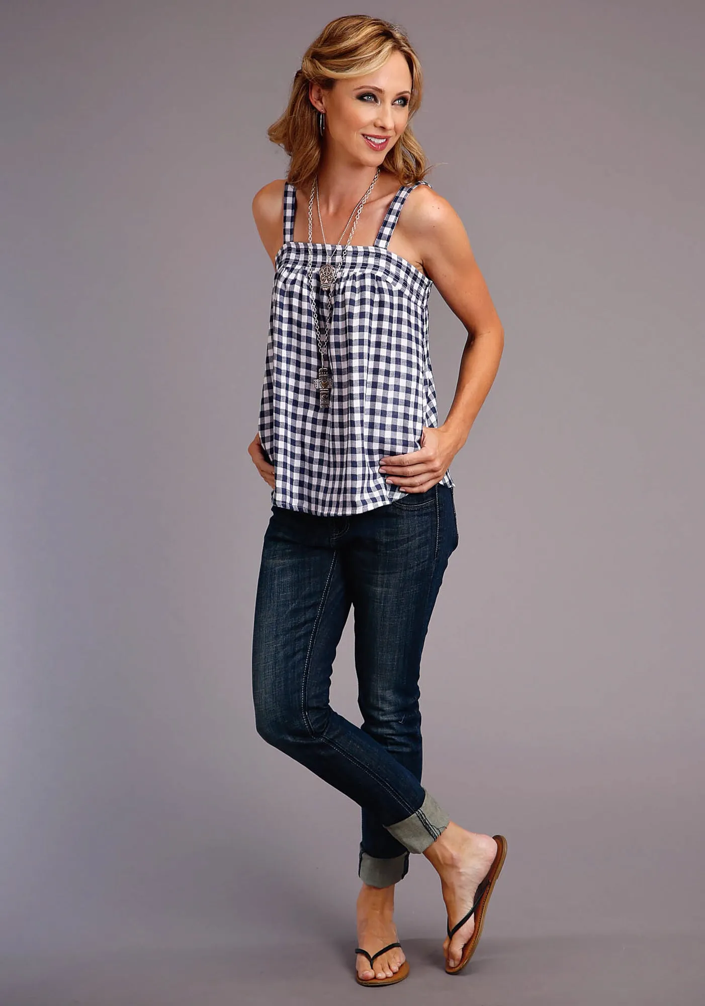 Stetson Womens Navy/White 100% Cotton Gingham S/L Cami Tank Top