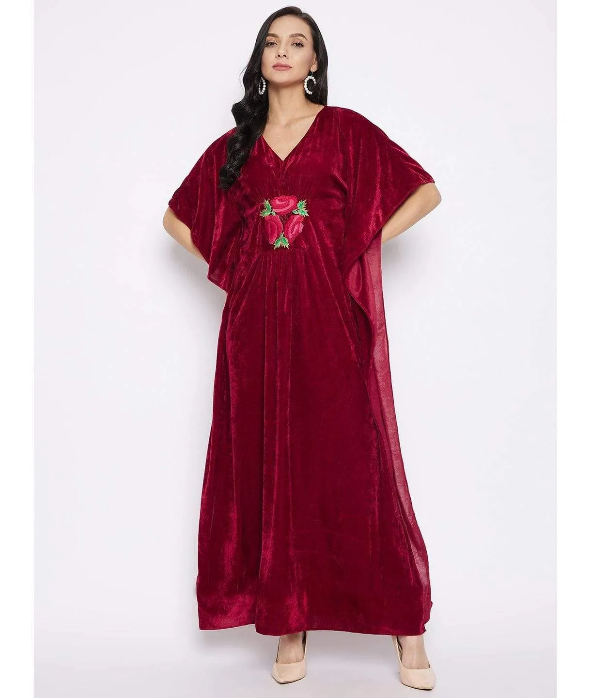 Stretchable Velvet Kaftan with Floral Embroidery