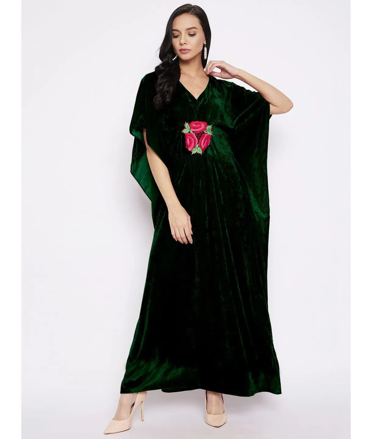 Stretchable Velvet Kaftan with Floral Embroidery