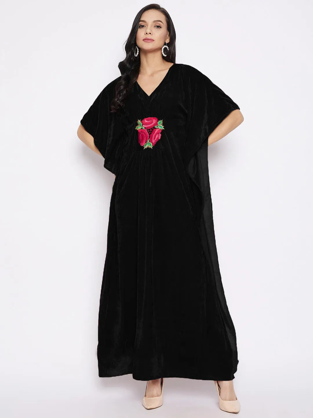 Stretchable Velvet Kaftan with Floral Embroidery