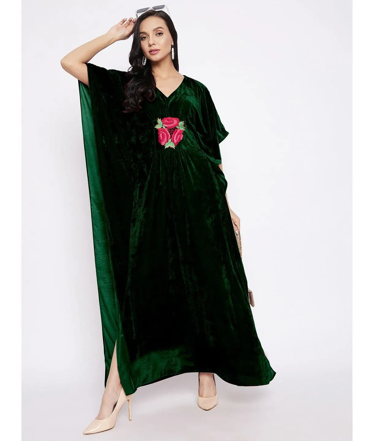 Stretchable Velvet Kaftan with Floral Embroidery