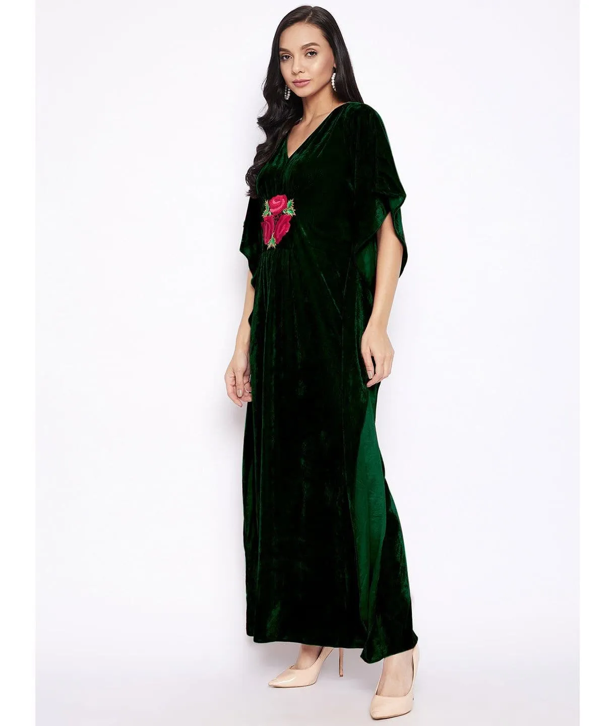 Stretchable Velvet Kaftan with Floral Embroidery