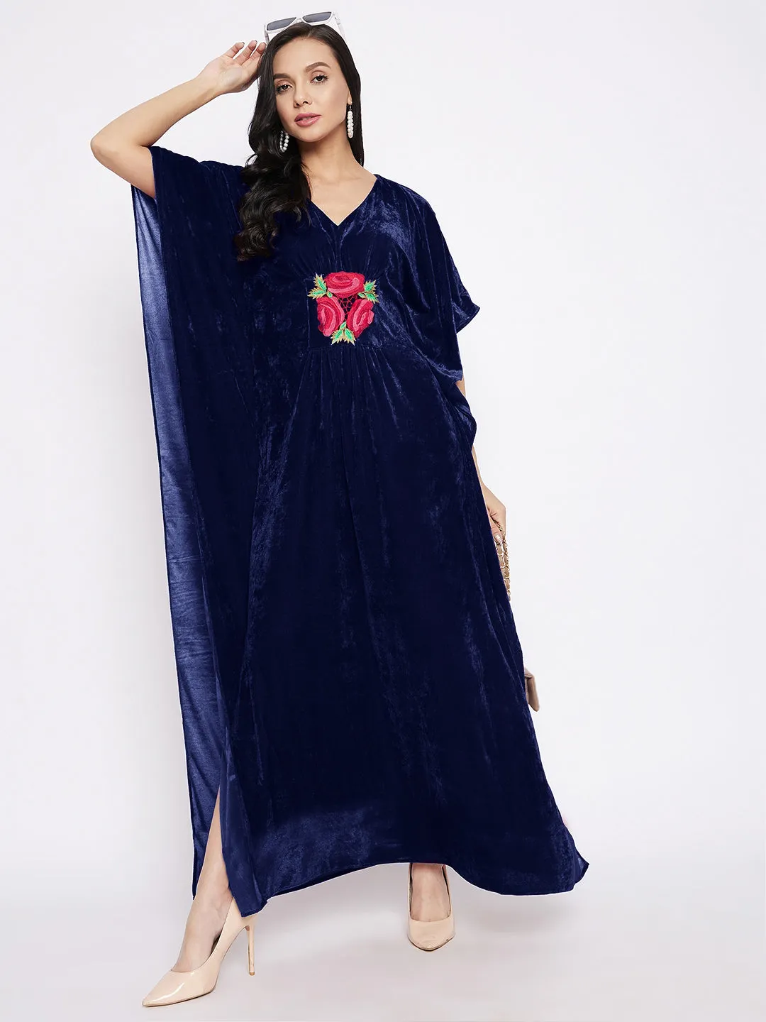 Stretchable Velvet Kaftan with Floral Embroidery