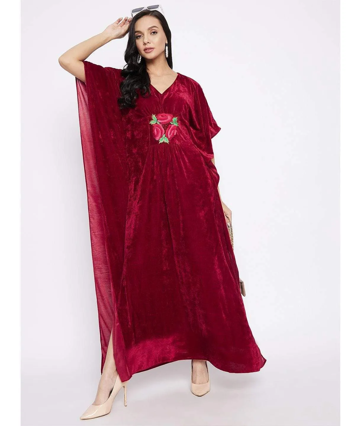 Stretchable Velvet Kaftan with Floral Embroidery