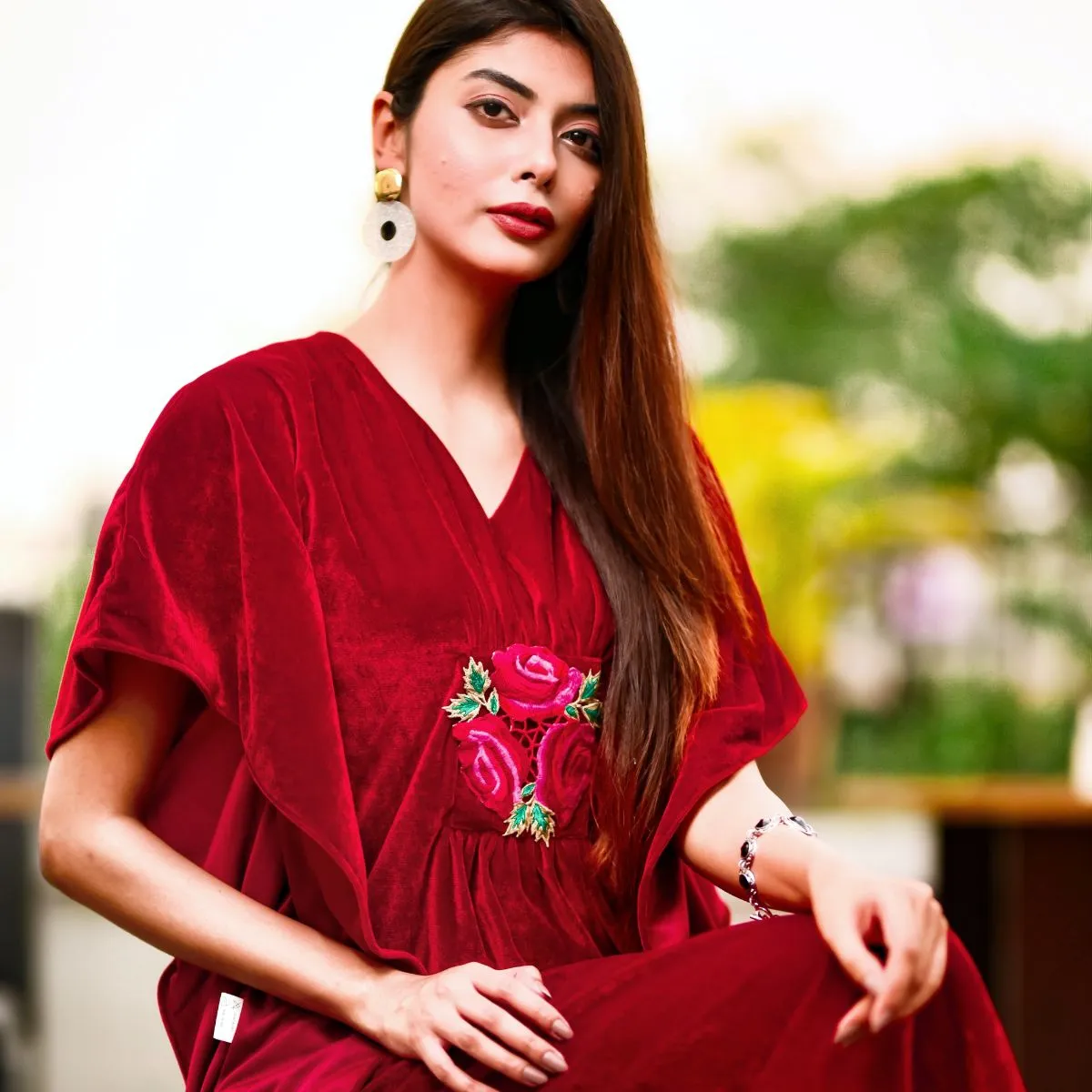 Stretchable Velvet Kaftan with Floral Embroidery