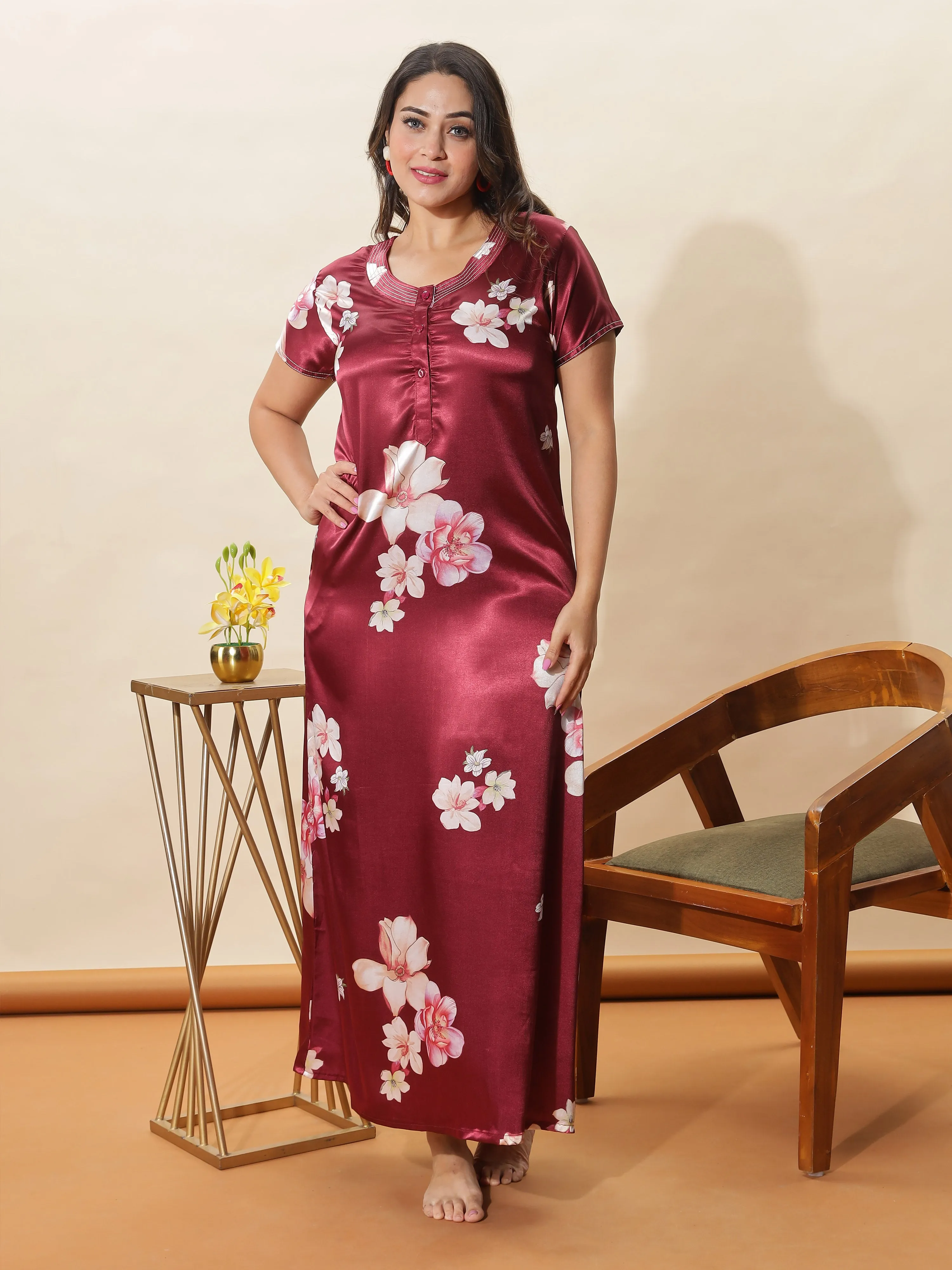 Stylish Dark Red Satin Nighty with Elegant Floral Design