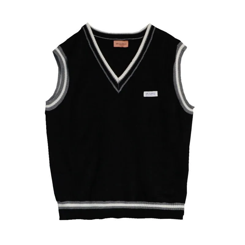 Sweater Vest Men V-neck Patchwork Leisure Loose All-match Streetwear Sleeveless Sweaters Mens Chic Korean Style Teens Couples BF