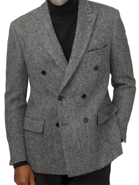 Tailored Fit Harris Tweed Double Breasted Peak Lapel Sport Coat - Black/white