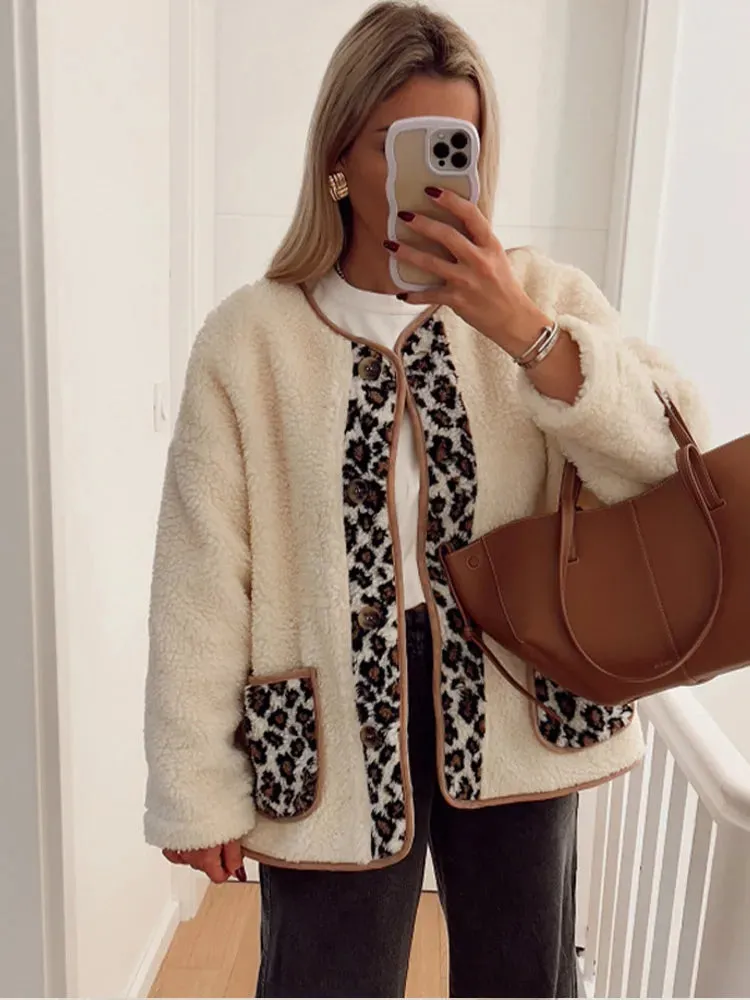 TAVIMART  -  Casual Leopard Print Patchwork Lamb Wool Coat For Women Fashion Buttons Down O-neck Pockets Jacket Winter Warm Lady Chic Outwear