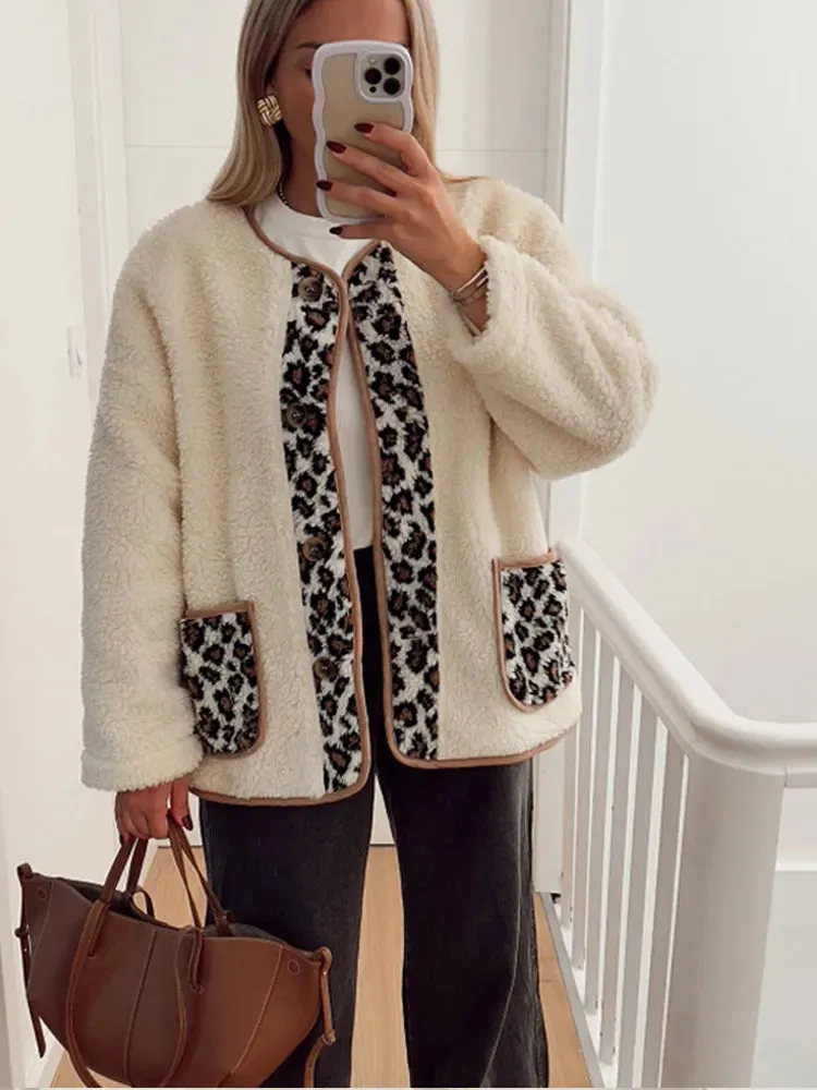 TAVIMART  -  Casual Leopard Print Patchwork Lamb Wool Coat For Women Fashion Buttons Down O-neck Pockets Jacket Winter Warm Lady Chic Outwear