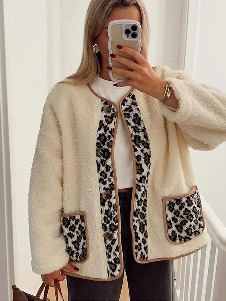 TAVIMART  -  Casual Leopard Print Patchwork Lamb Wool Coat For Women Fashion Buttons Down O-neck Pockets Jacket Winter Warm Lady Chic Outwear