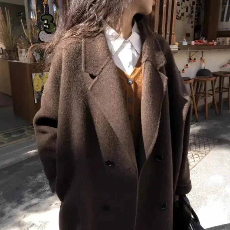 TAVIMART  -  new Women Wool Blend Coat Solid Mid Long Woolen Blazer Thick Warm Blouse Women's Overcoat Office Lady Tops Autumn Winter