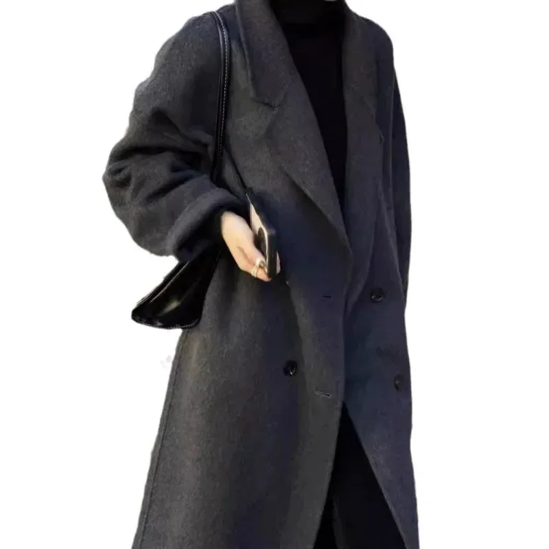 TAVIMART  -  new Women Wool Blend Coat Solid Mid Long Woolen Blazer Thick Warm Blouse Women's Overcoat Office Lady Tops Autumn Winter