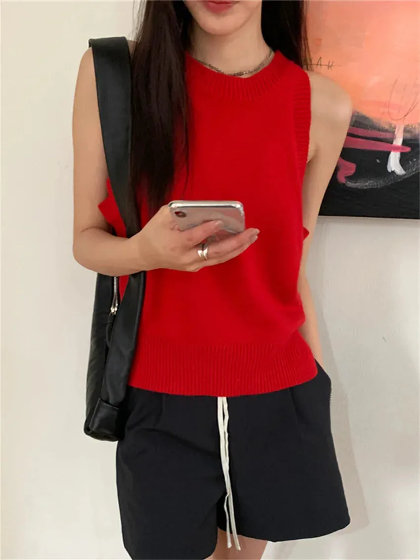 TAVIMART  -  Red Vintage Slim Vest Sweaters Women Pullovers Summer Chic Solid New Office Lady High Street Knitted Gentle OL