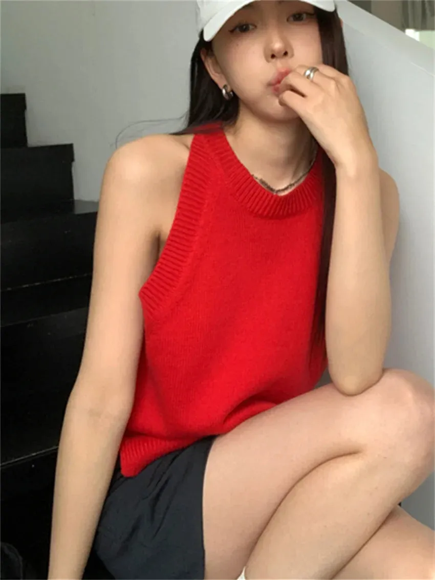 TAVIMART  -  Red Vintage Slim Vest Sweaters Women Pullovers Summer Chic Solid New Office Lady High Street Knitted Gentle OL