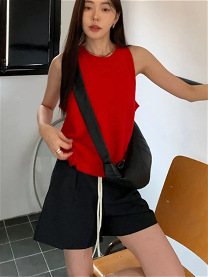 TAVIMART  -  Red Vintage Slim Vest Sweaters Women Pullovers Summer Chic Solid New Office Lady High Street Knitted Gentle OL