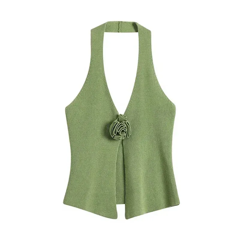 TAVIMART  -  Solid Knitted 3D Flower Halter Women Vest V-neck Sleeveless Backless Split Female Tanks 2024 Summer New Fashion Sexy Lady Tops