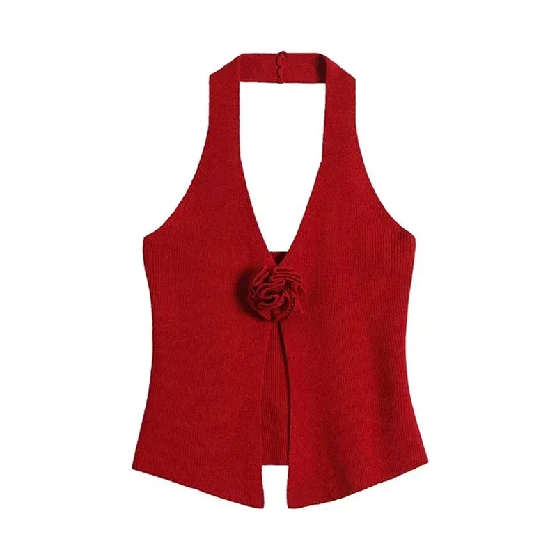 TAVIMART  -  Solid Knitted 3D Flower Halter Women Vest V-neck Sleeveless Backless Split Female Tanks 2024 Summer New Fashion Sexy Lady Tops