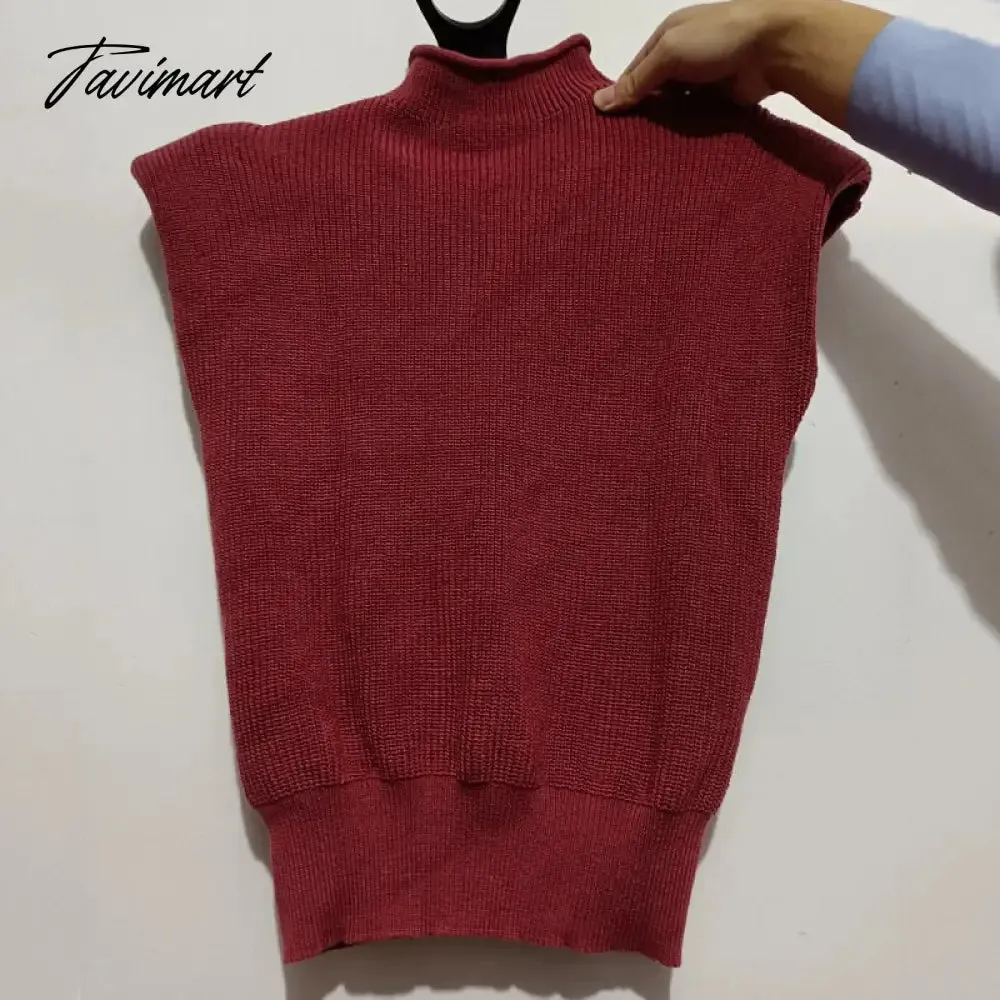 Tavimart Sweater Vest Women Hight Neck Shoulder Pads Sweater Vest Dames Knitted Jumper Autumn Winter Korean Pullover Loose Tops