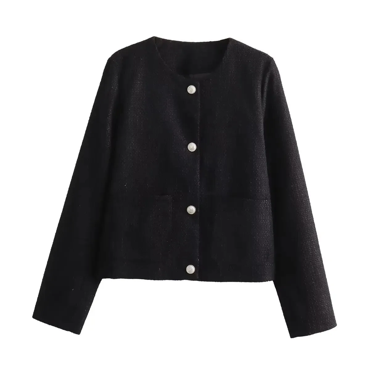 TAVIMART  -  Tweed Woolen Short Blazer Jacket Women Single Breasted Pockets Office Lady Vintage Slim Coat Blue Autumn Winter New