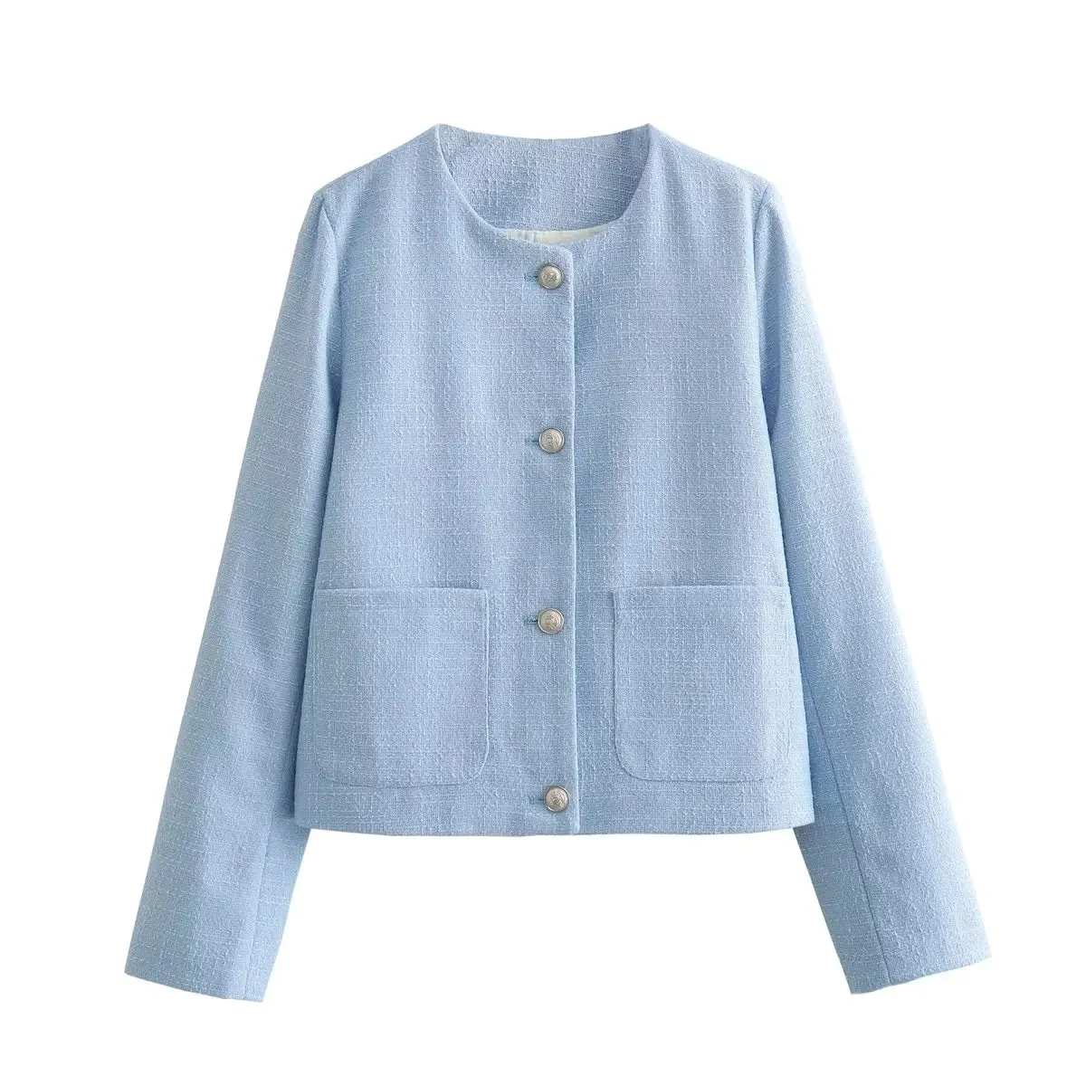 TAVIMART  -  Tweed Woolen Short Blazer Jacket Women Single Breasted Pockets Office Lady Vintage Slim Coat Blue Autumn Winter New