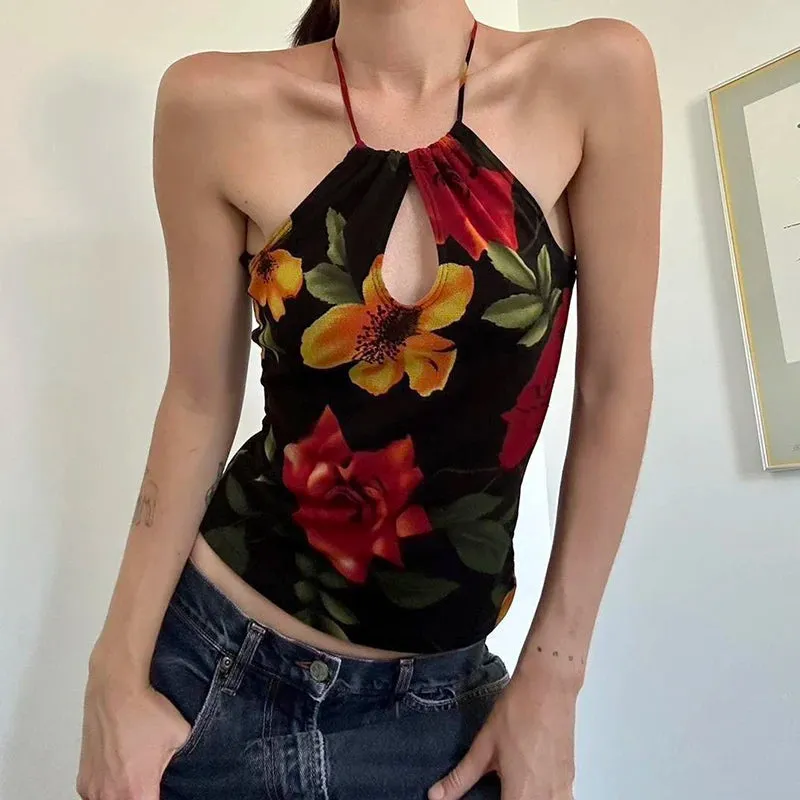 TAVIMART  -  Vintage Floral Print Backless Cami Top Cut Out Front Women Sexy Halter Tank Tops Y2K Fashion Slim Vest Summer Outfits