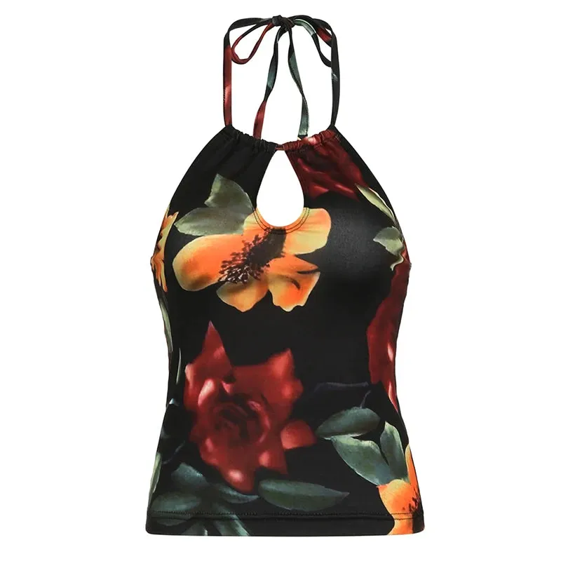 TAVIMART  -  Vintage Floral Print Backless Cami Top Cut Out Front Women Sexy Halter Tank Tops Y2K Fashion Slim Vest Summer Outfits