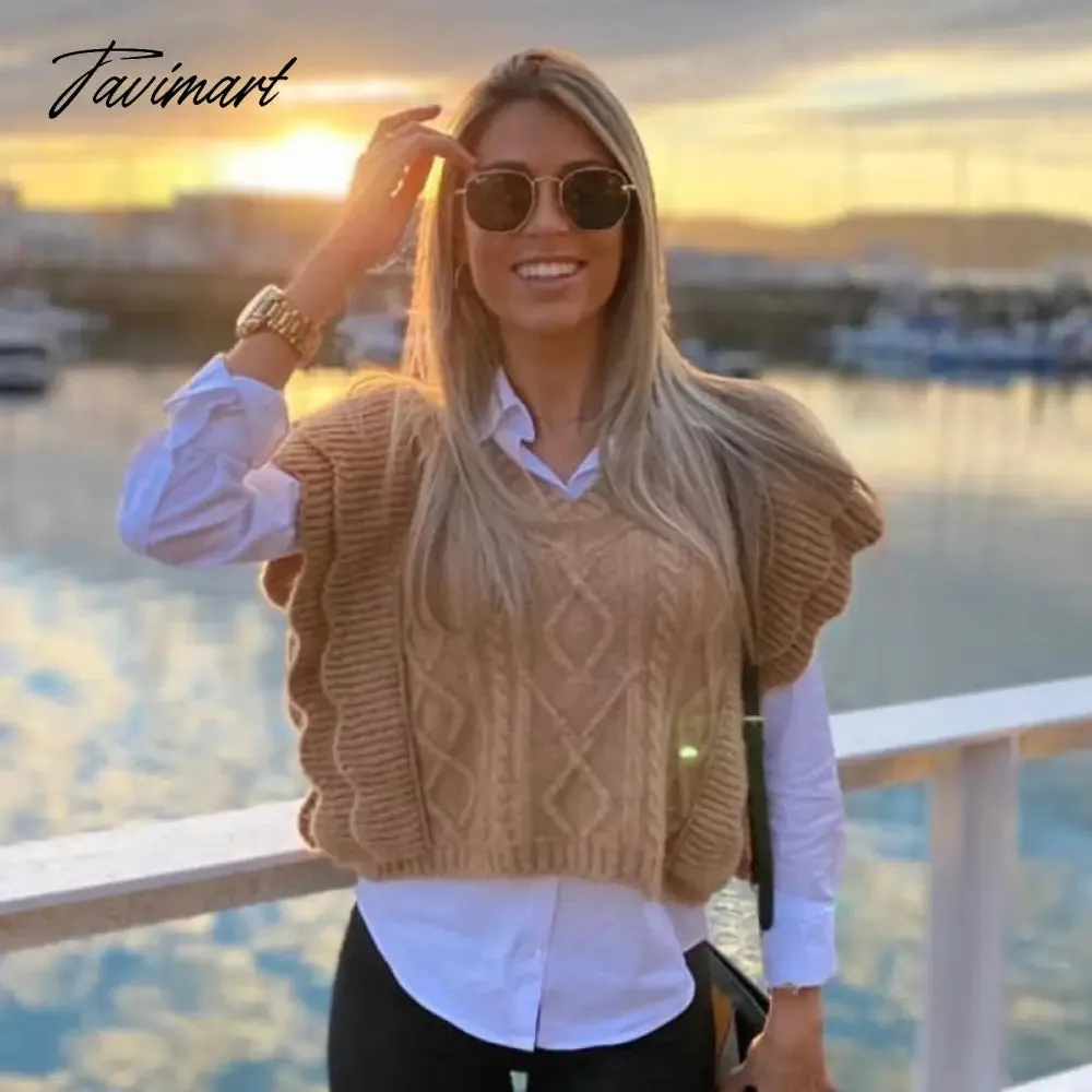 Tavimart Women Elegant Twist Ruffle Trims Armhole Cable Knitted Sweater Vest Vintage Chaleco Mujer Female Waistcoat Chic Top