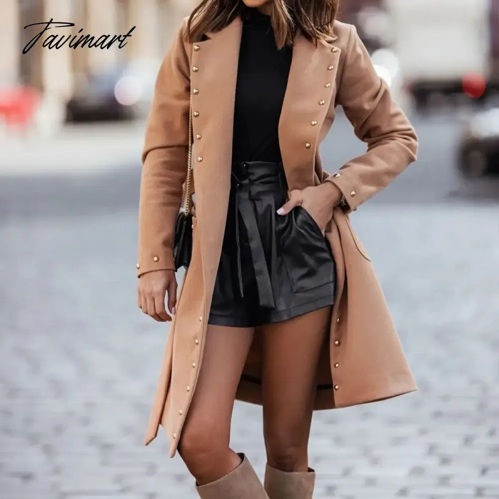 Tavimart Women Long Sleeve Lapel Button Woolen Coat Casual Lace-Up Solid Warm Jacket Fall Winter Double-Breasted Rivet Handsome Overcoats